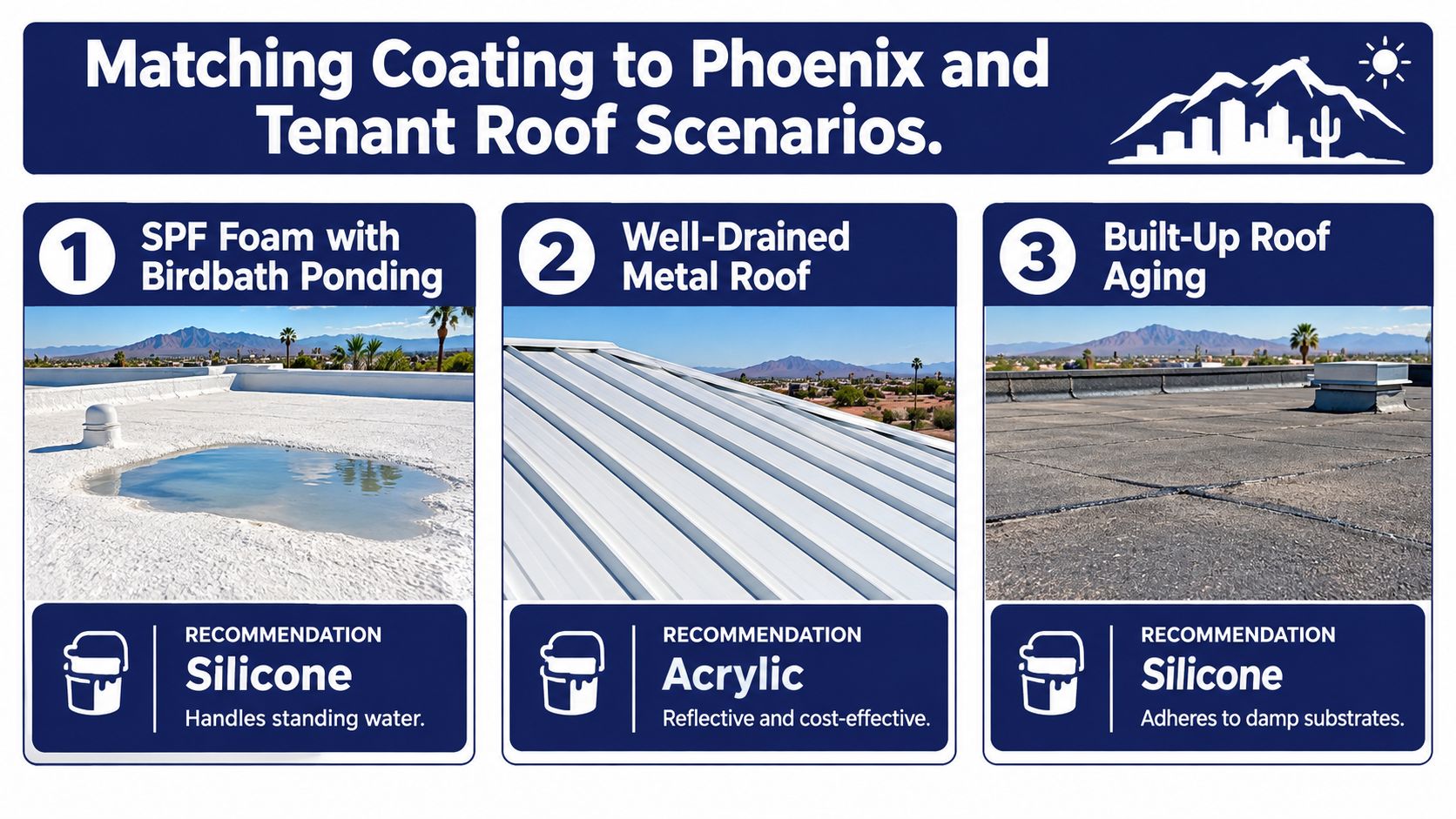 A guide comparing roof coating recommendations for different roof types found in Phoenix, Arizona, including silicone and acrylic.