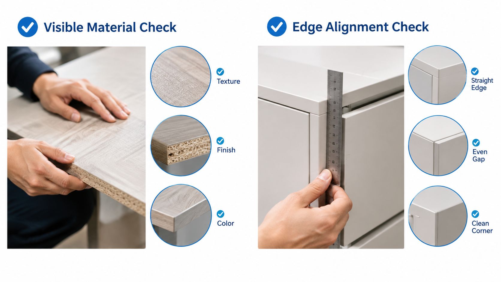 A checklist comparison showing how to inspect furniture for visible material quality and proper edge alignment.