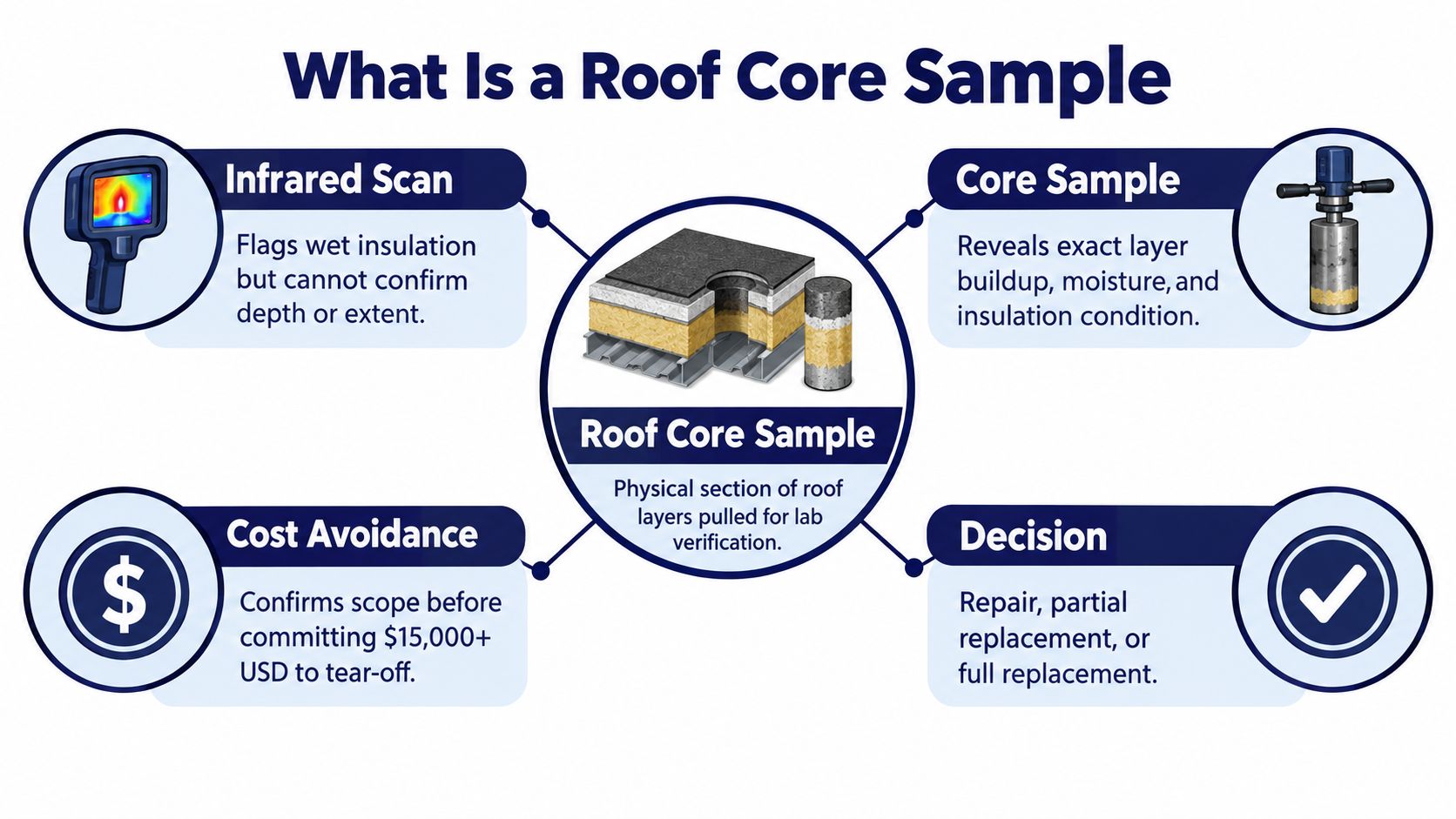 An infographic explaining the benefits and process of taking a roof core sample for building inspections.