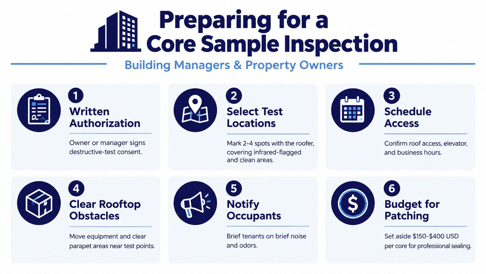 An infographic titled Preparing for a Core Sample Inspection, outlining six essential steps for building owners and managers.