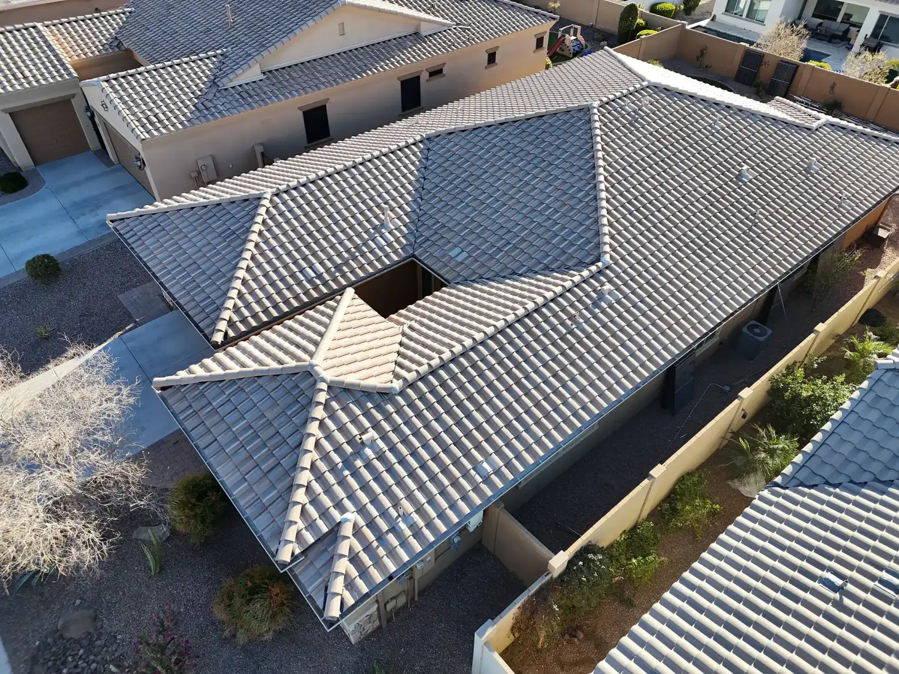 Close aerial view of a completed Arizona tile roof system