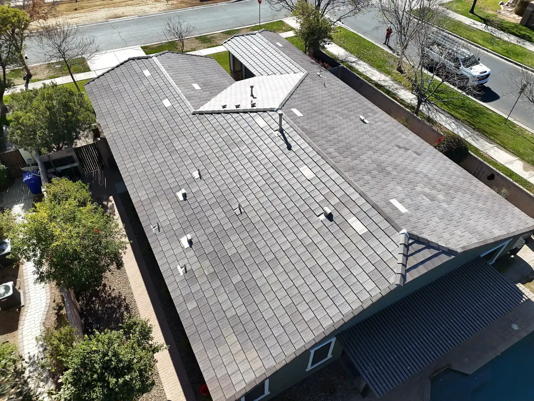 Large completed tile roof on an Arizona residence viewed from above