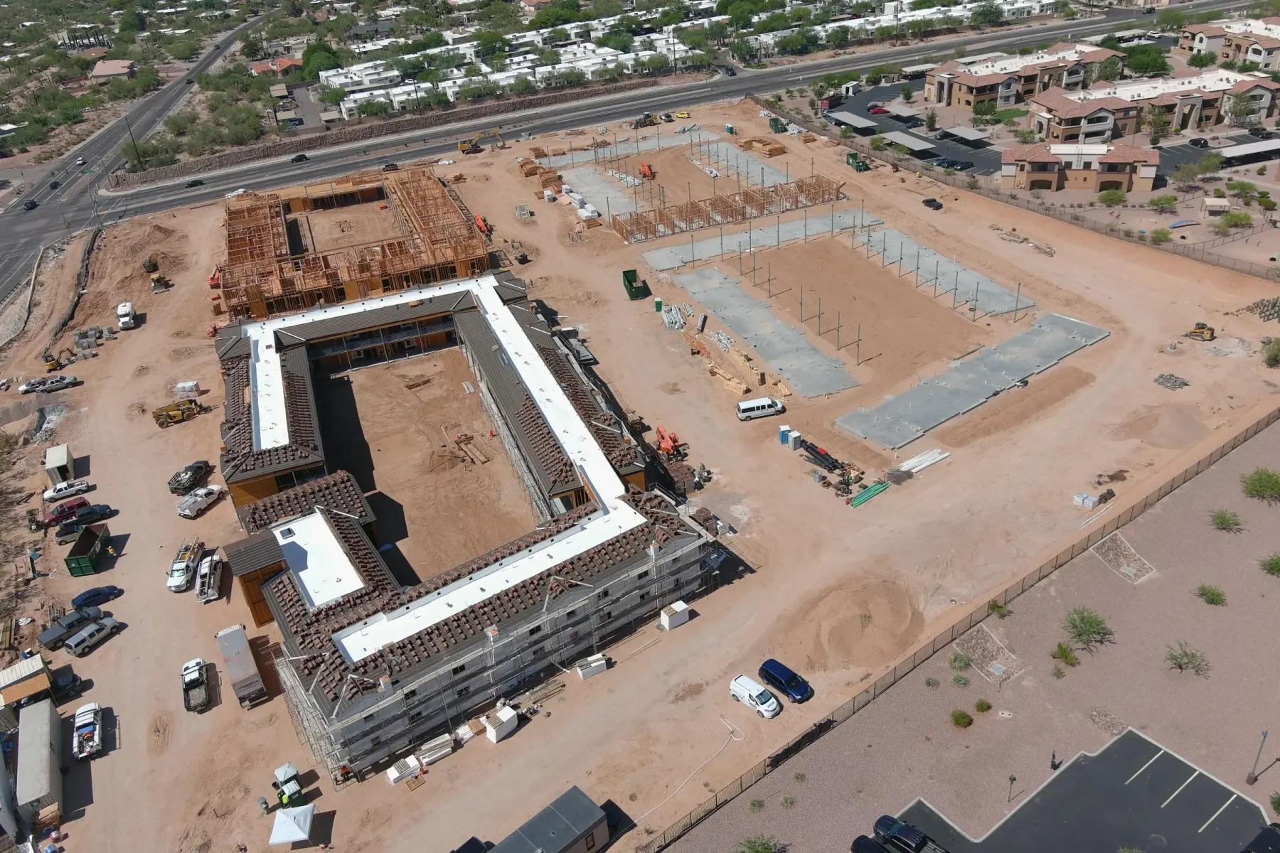 Large mixed-roof commercial development under construction in Arizona