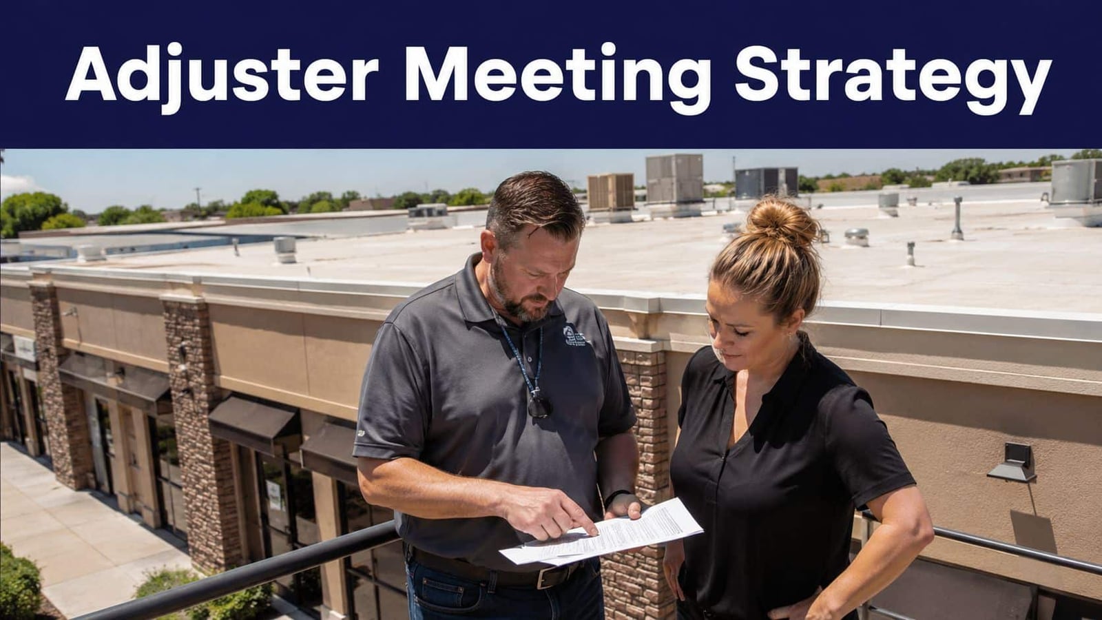 A professional man and woman reviewing documents on a commercial roof for an insurance claim meeting strategy.