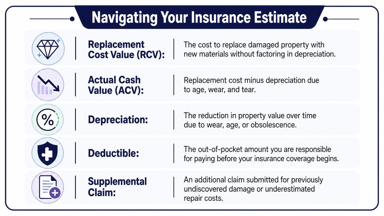 A glossary infographic defining insurance claim terms like replacement cost, actual cash value, depreciation, deductible, and supplemental claim.