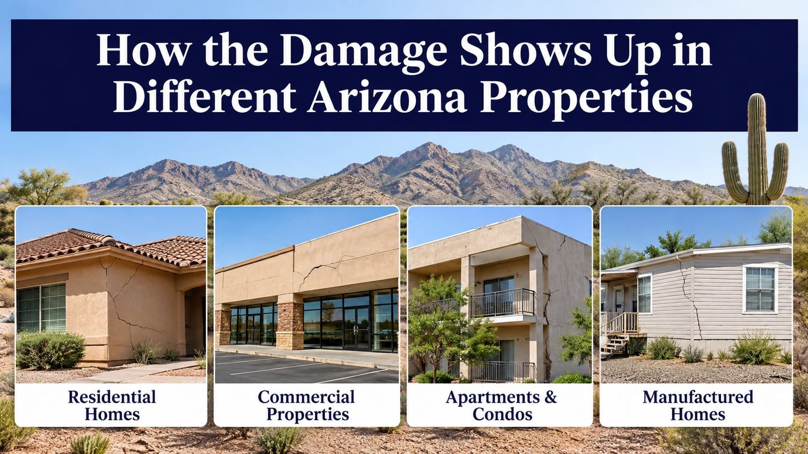 A graphic showing four types of Arizona properties displaying structural cracks from foundation or ground damage.