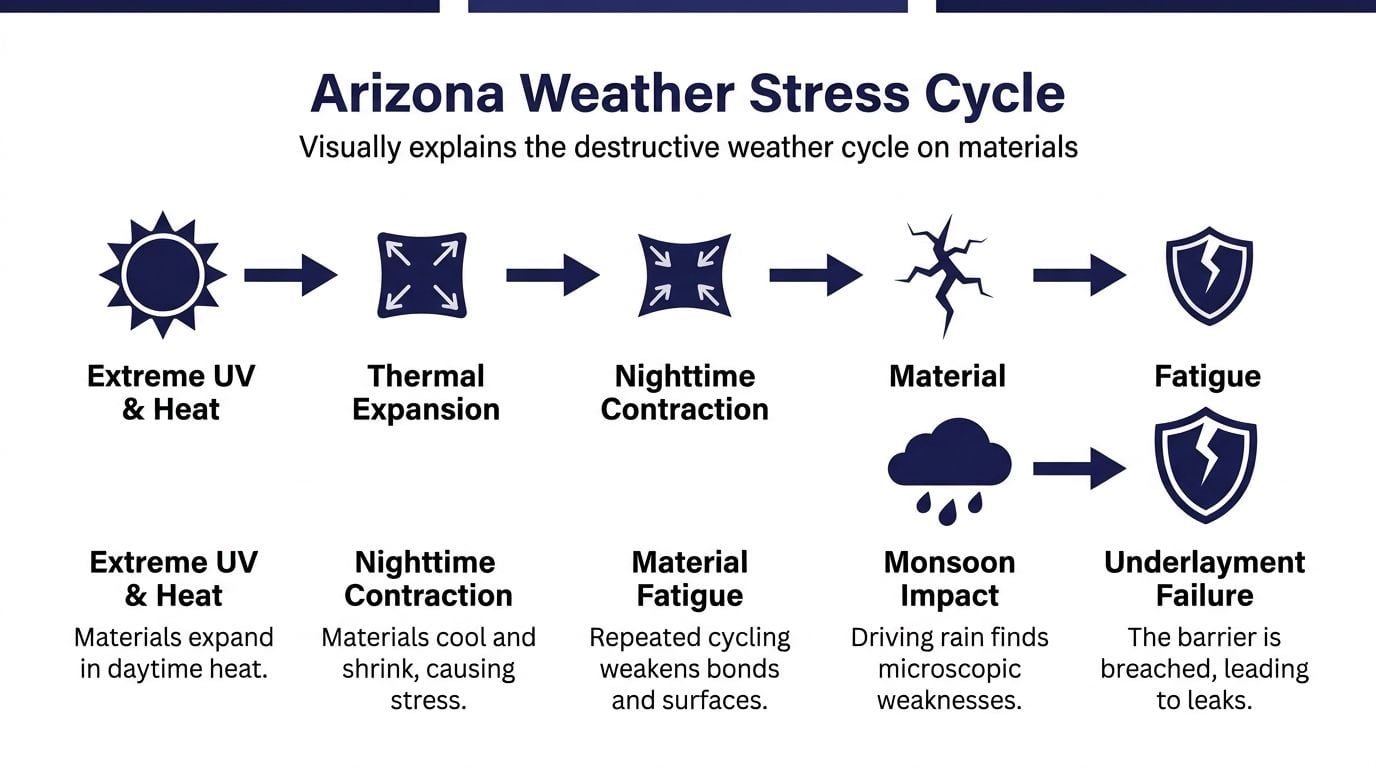 A diagram illustrating the Arizona weather stress cycle and how extreme temperatures lead to roof underlayment failure.